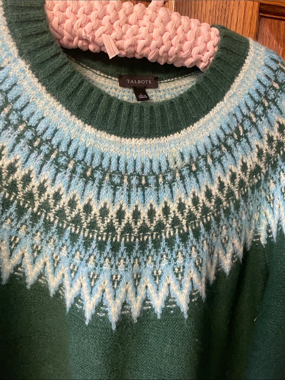 Talbots Dark Green & Light Blue Fair Isle Crewneck Sweater